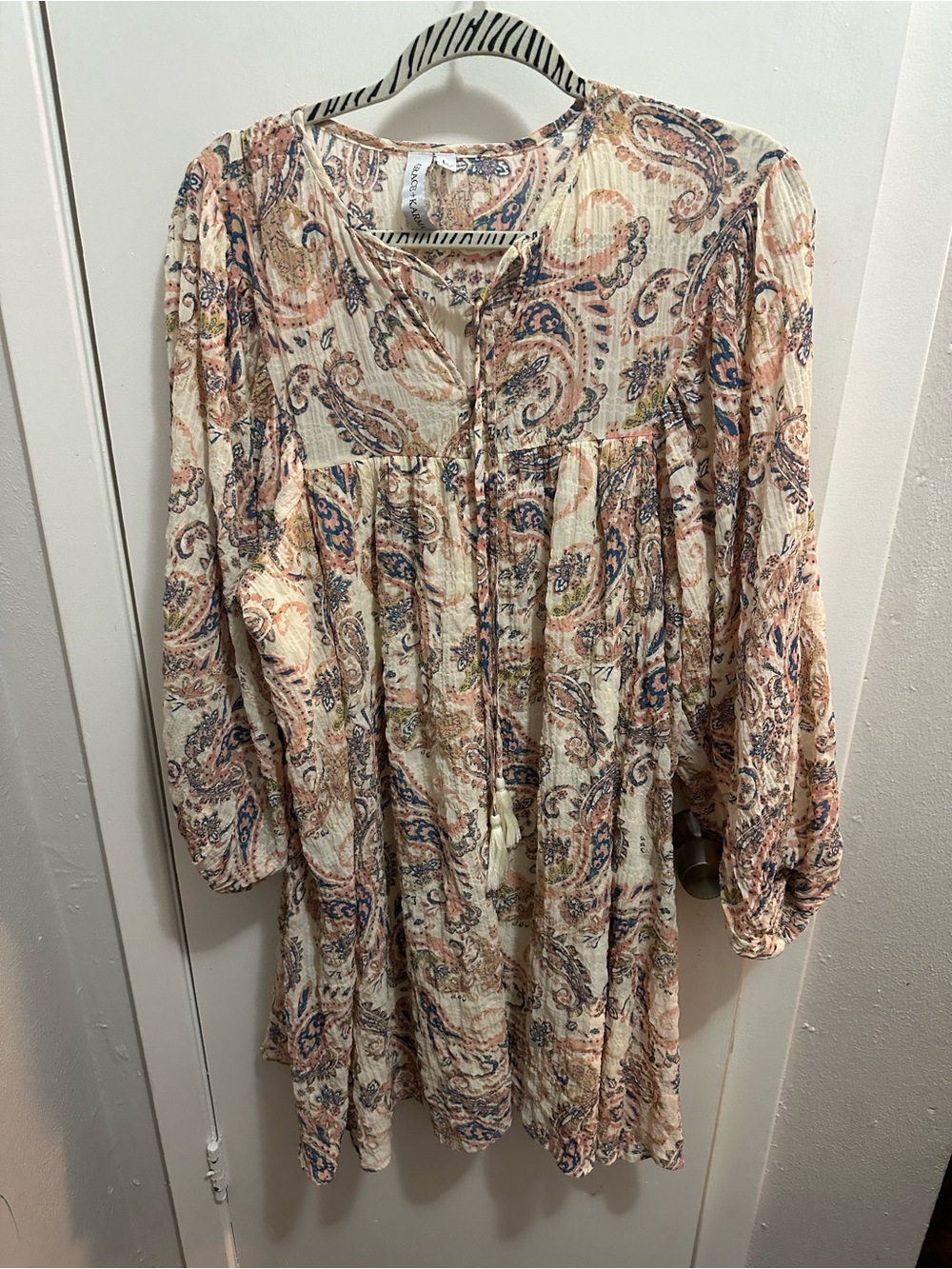 Long Sleeve Paisley Tunic Dress - Cream with Blue & Peach Paisley